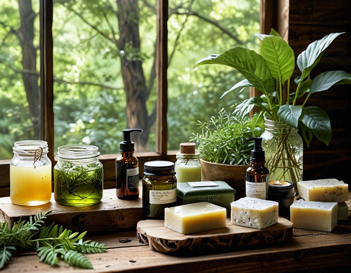A vibrant, lush green forest background with rays of sunlight filtering through the leaves. In the foreground, a serene hands-on natural skincare setup with glass jars, handcrafted soap bars, fresh herbs, and essential oils elegantly arranged on a rustic wooden table. A gentle aura of freshness and purity surrounds the scene, exuding an all-natural, eco-friendly vibe. hyper-realistic. vibrant colors.