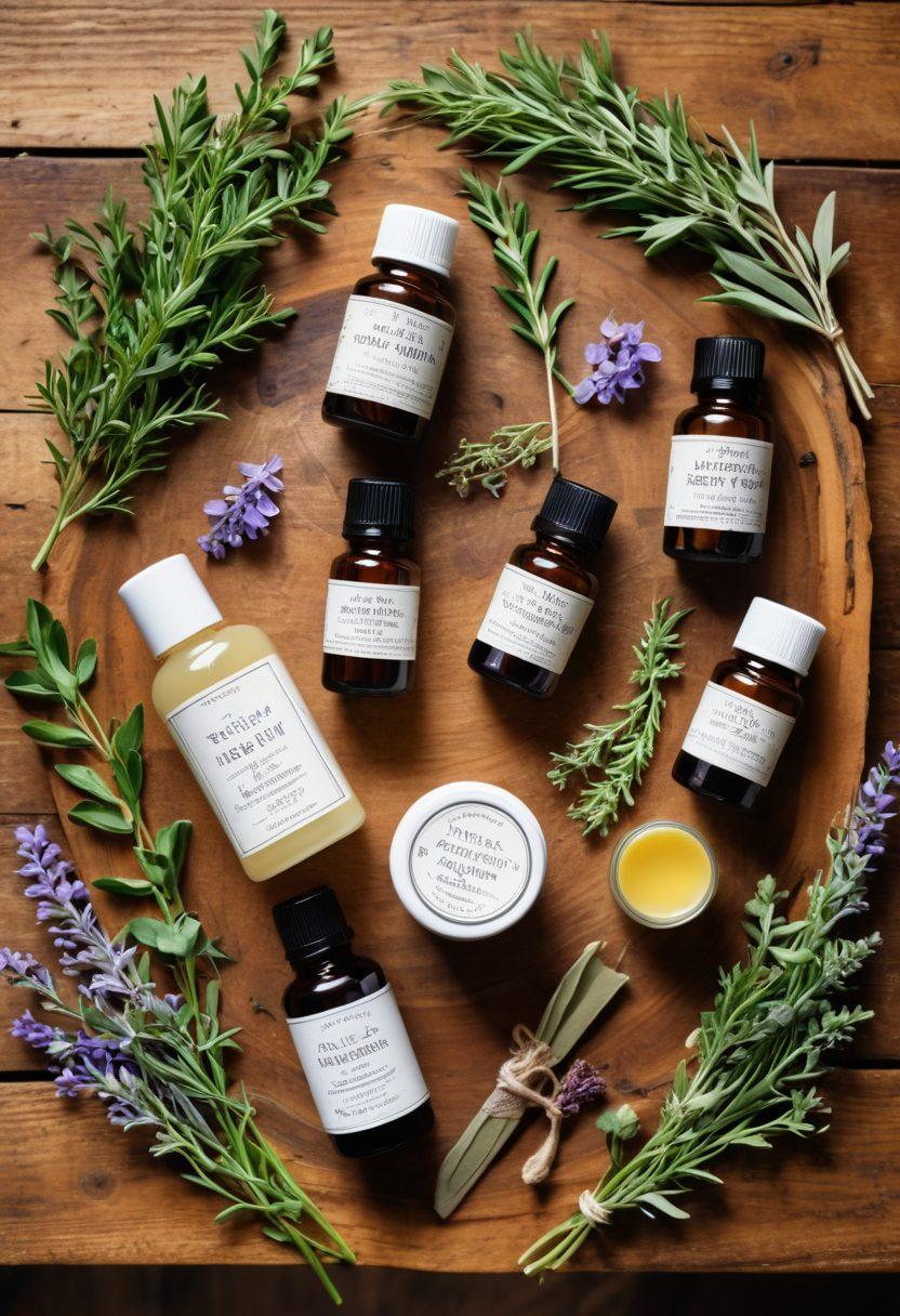 A close-up of SallyAnder's handmade skincare products arranged on a rustic wooden table, surrounded by natural ingredients like fresh herbs, flowers, and essential oils. The products should have artisanal packaging with handwritten labels and soft pastel colors, symbolizing purity and nature. Show a magnifying glass emphasizing the ingredient list to highlight the science behind it. super-realistic. vibrant colors. rustic background.