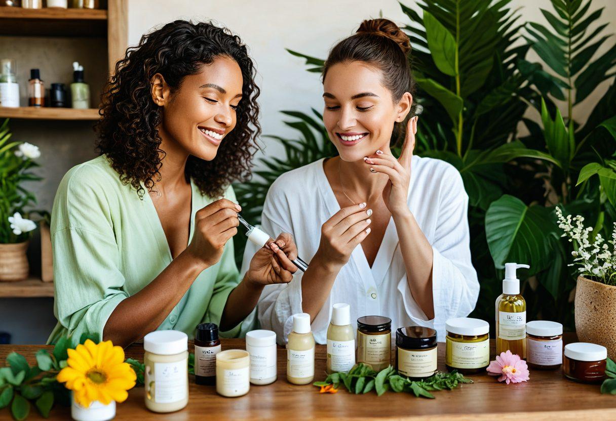 A serene, eco-friendly scene with lush green plants and blooming flowers surrounding eco-conscious beauty products made from all-natural ingredients. Include a smiling woman with radiant skin applying these products. Make sure the packaging looks sustainable and skin-friendly, with earthy tones and recycled materials. painting. vibrant colors.
